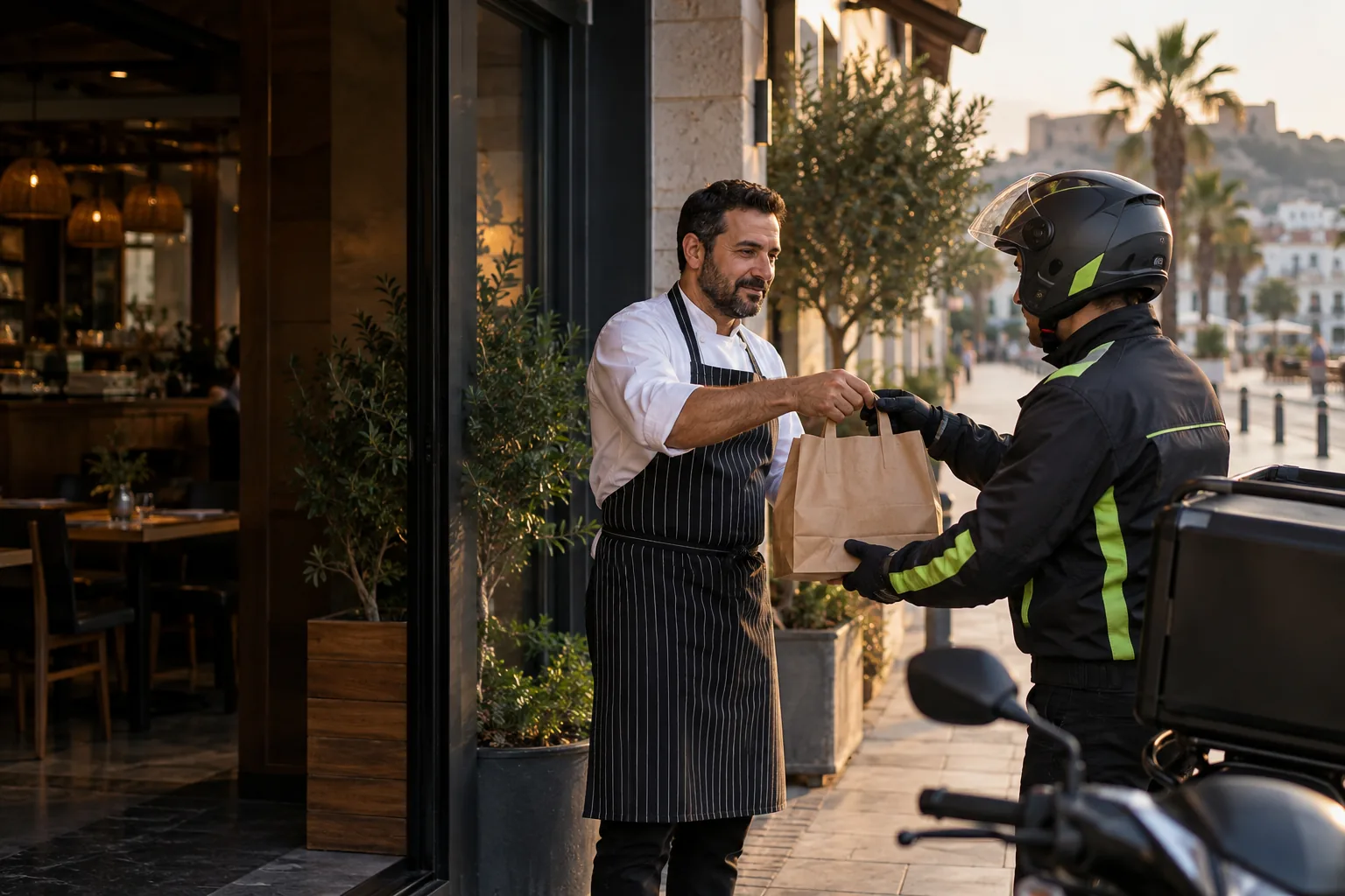 Restoran siparişini teslim alan moto kurye